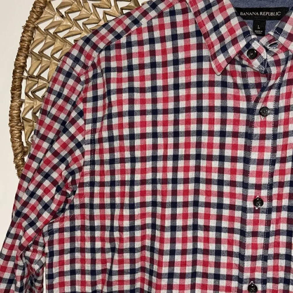 Banana Republic navy, red and gray flannel button down size large